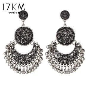 17KM Vintage Silver Color Big Flower Drop Earrings for Women Tassel Peandant  Ethnic Jewelry Punk Beads Earring Jewelry