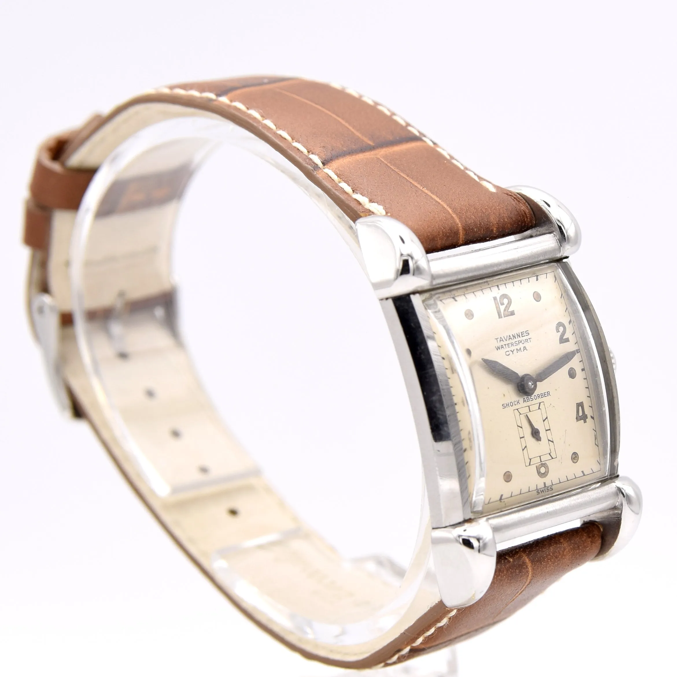 1940s Cyma - Tavannes Rectangular Early Waterproof Patent Wristwatch with fabulous claw lugs