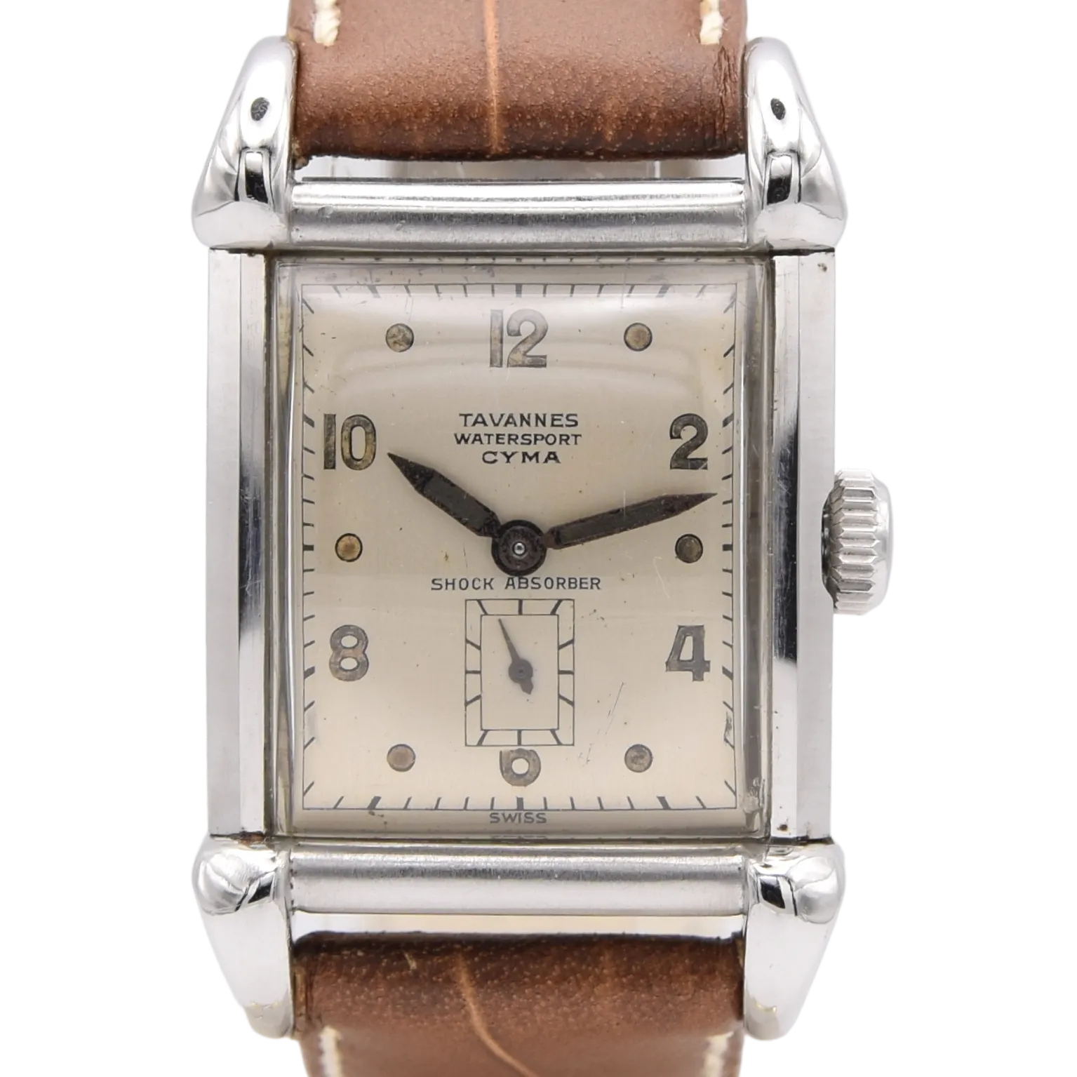 1940s Cyma - Tavannes Rectangular Early Waterproof Patent Wristwatch with fabulous claw lugs