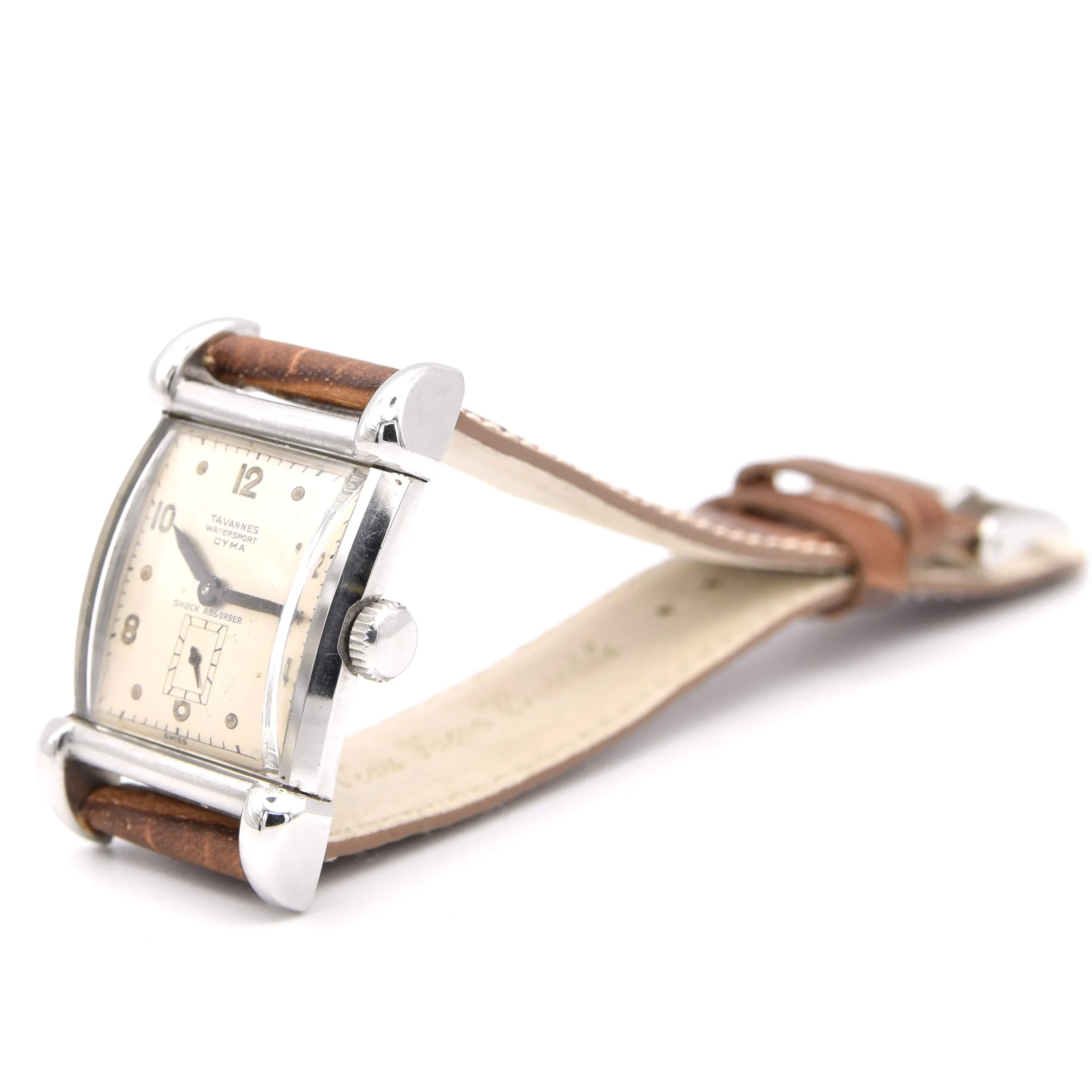 1940s Cyma - Tavannes Rectangular Early Waterproof Patent Wristwatch with fabulous claw lugs