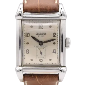 1940s Cyma - Tavannes Rectangular Early Waterproof Patent Wristwatch with fabulous claw lugs