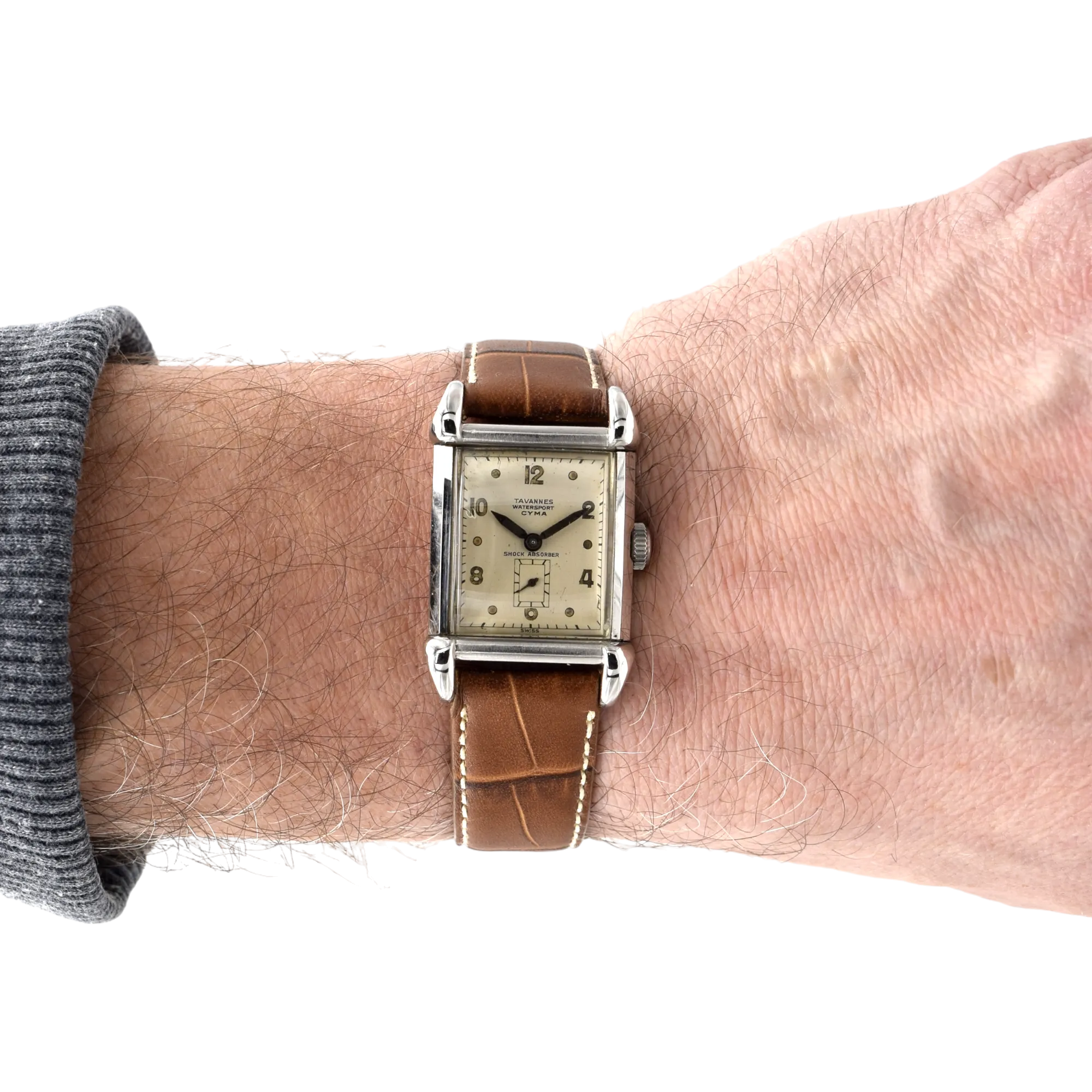 1940s Cyma - Tavannes Rectangular Early Waterproof Patent Wristwatch with fabulous claw lugs
