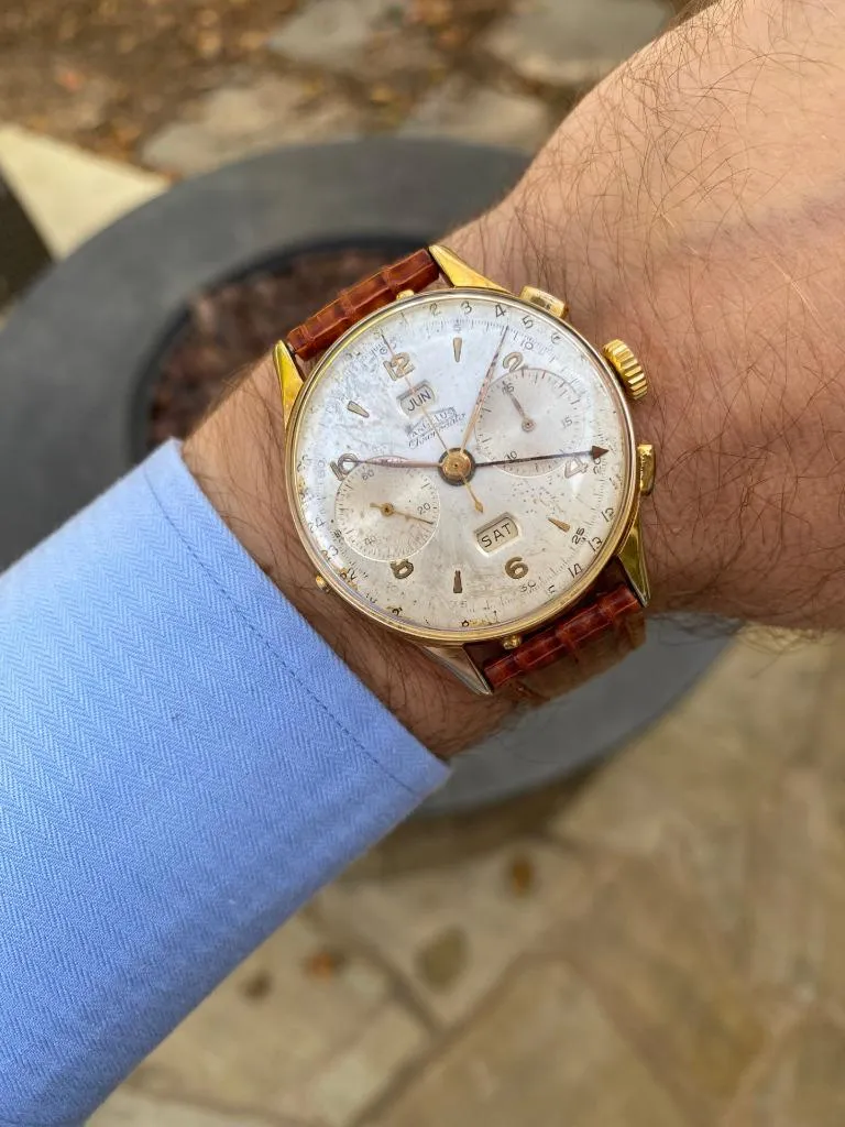 1943 Angelus Vintage Large Mens World War II Era Triple Calendar Chronograph, 18K Gold Plated - The Chronodato