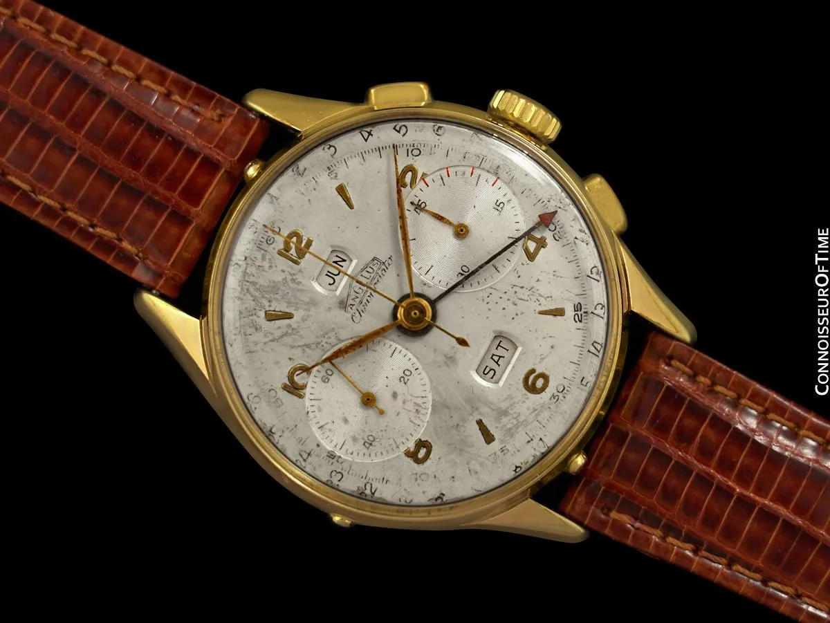 1943 Angelus Vintage Large Mens World War II Era Triple Calendar Chronograph, 18K Gold Plated - The Chronodato