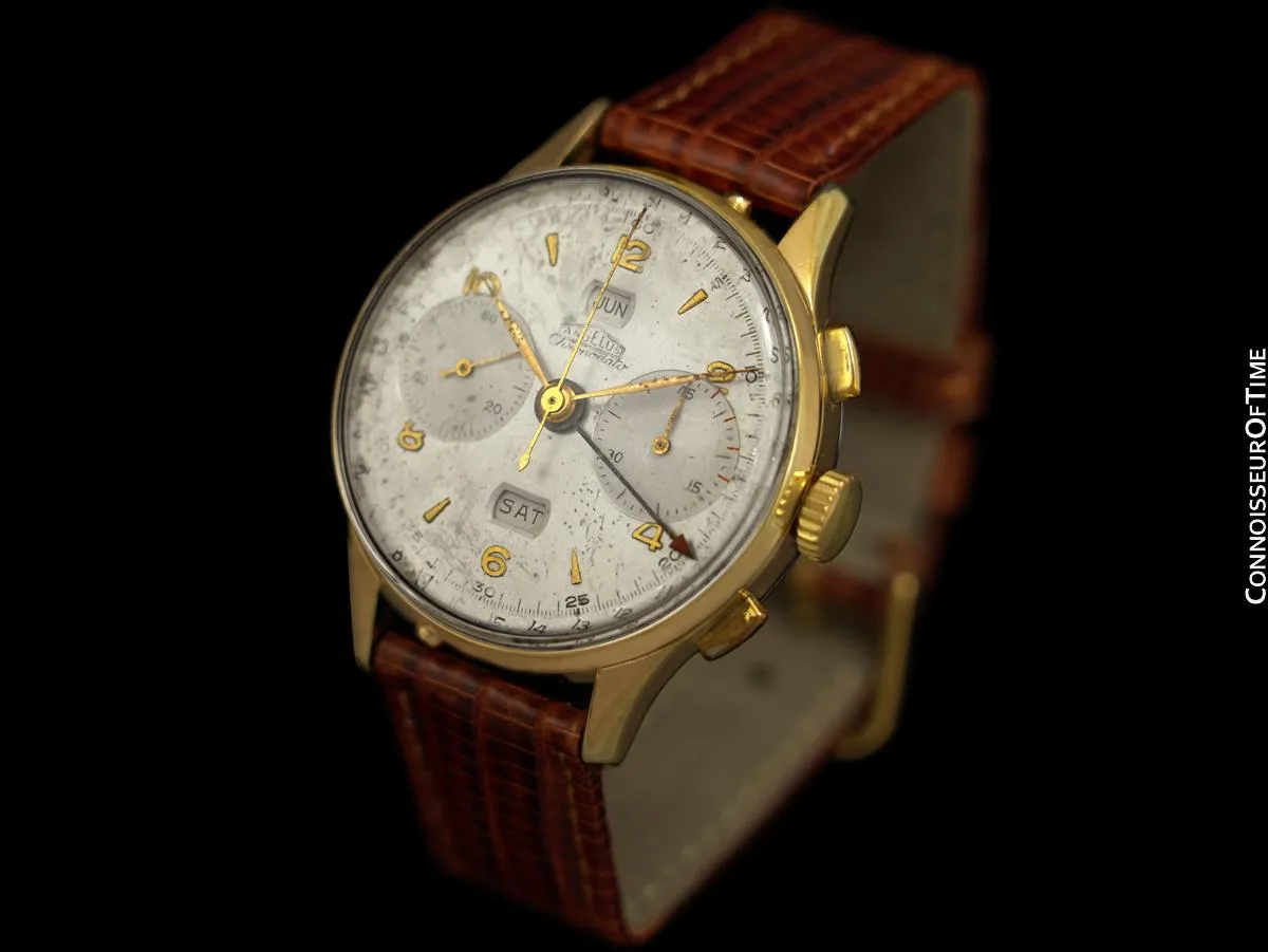 1943 Angelus Vintage Large Mens World War II Era Triple Calendar Chronograph, 18K Gold Plated - The Chronodato