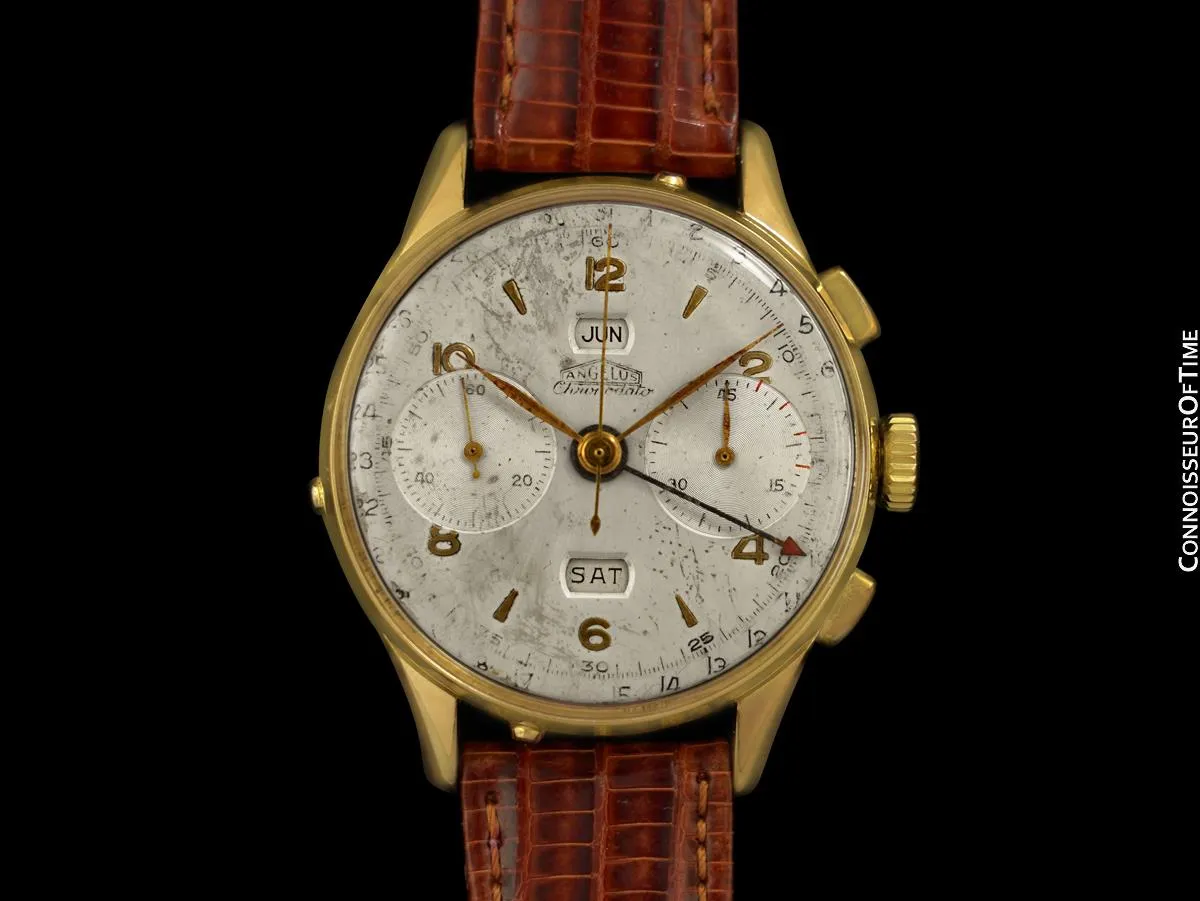 1943 Angelus Vintage Large Mens World War II Era Triple Calendar Chronograph, 18K Gold Plated - The Chronodato