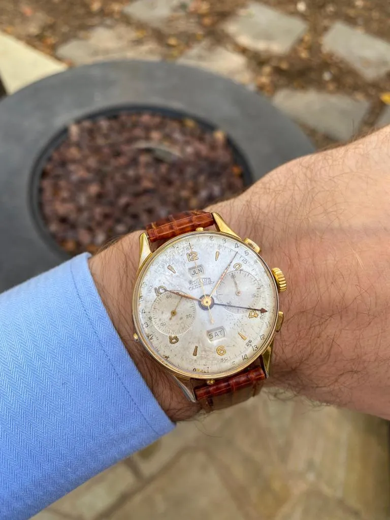 1943 Angelus Vintage Large Mens World War II Era Triple Calendar Chronograph, 18K Gold Plated - The Chronodato