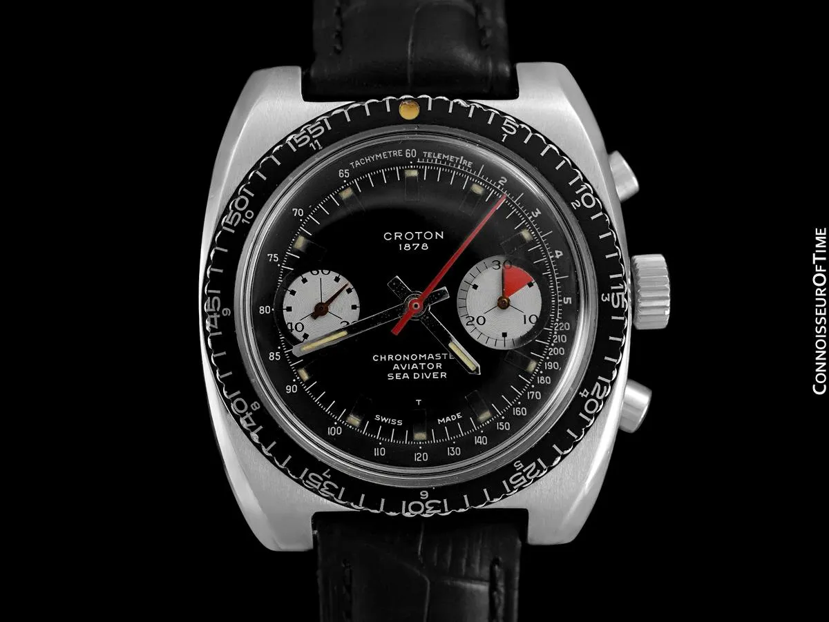 1960's Croton Vintage Mens Retro Panda Dial "Paul Newman" Sea Diver Aviator Chronomaster Chronograph Watch - Stainless Steel