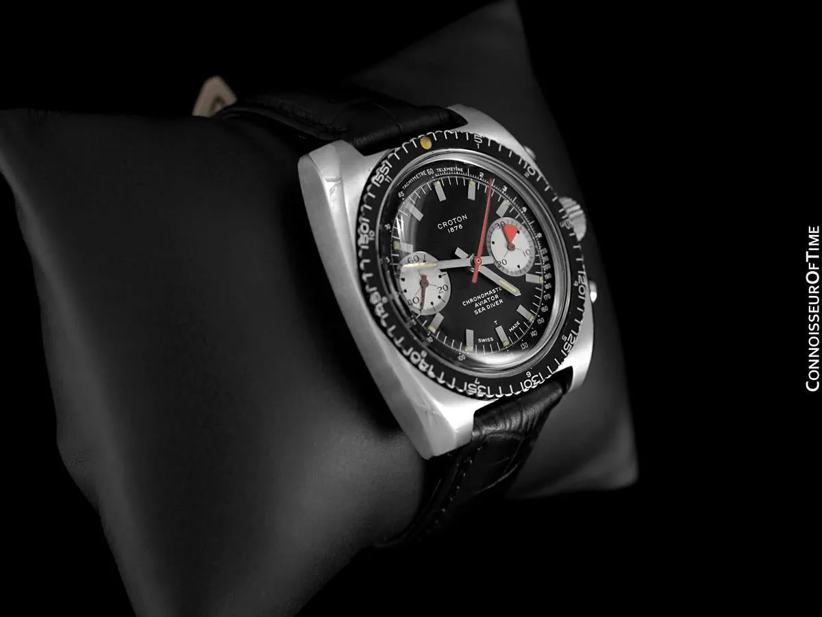 1960's Croton Vintage Mens Retro Panda Dial "Paul Newman" Sea Diver Aviator Chronomaster Chronograph Watch - Stainless Steel
