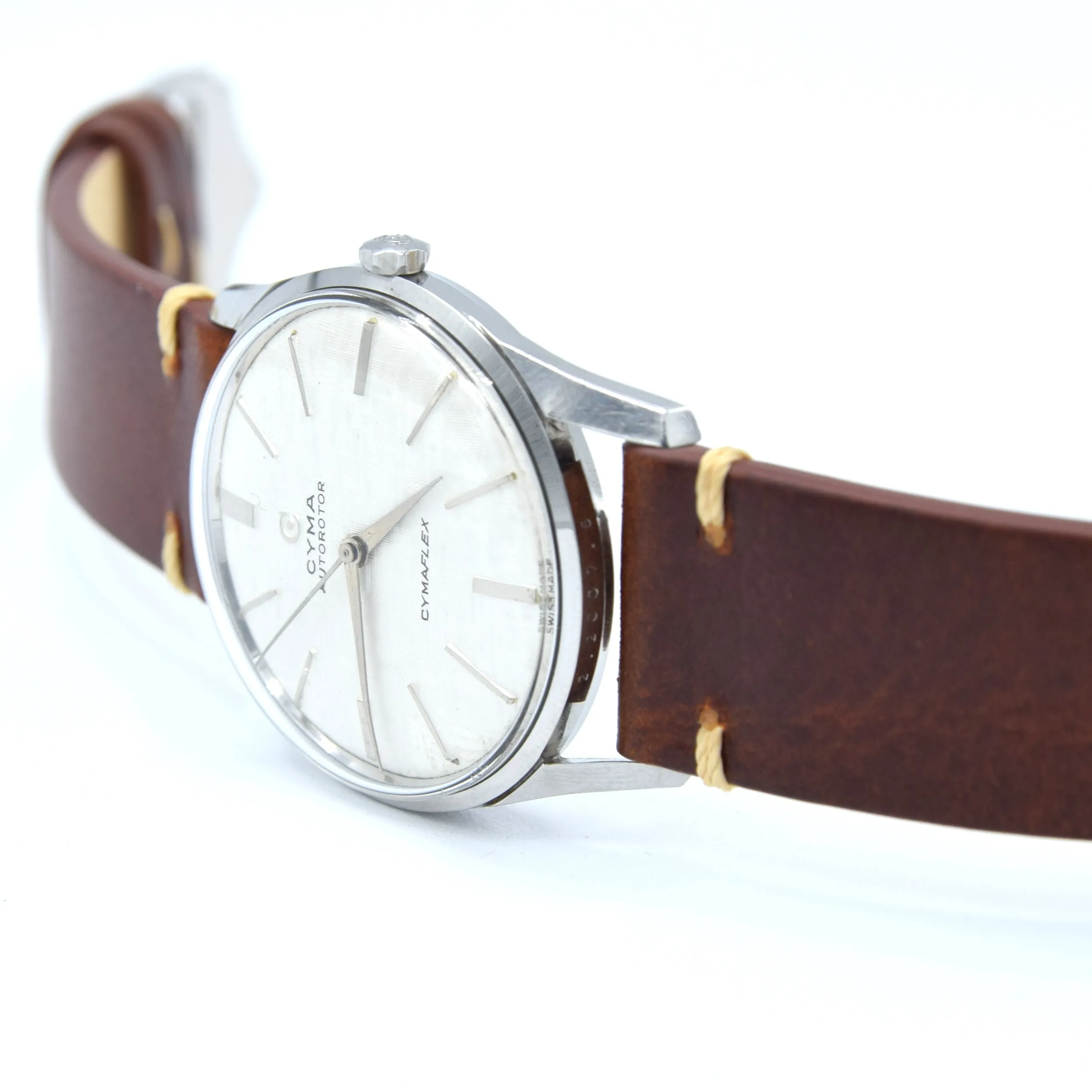 1960s larger Cyma autorotor Cymaflex Wristwatch with fabulous linen effect dial
