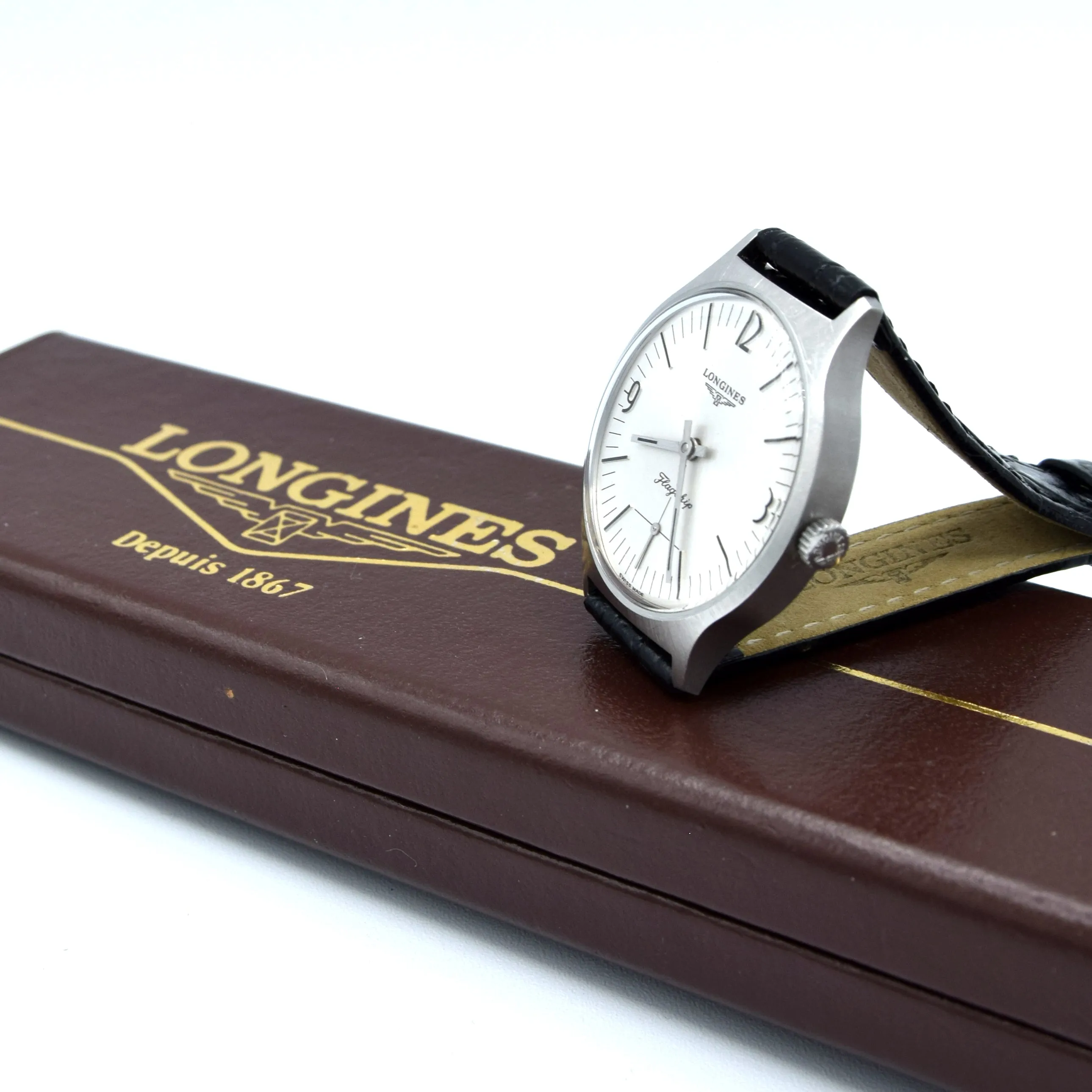 1974 Stunning Longines Flagship box set Model 3106 - retro railway type dial in Stainless Steel