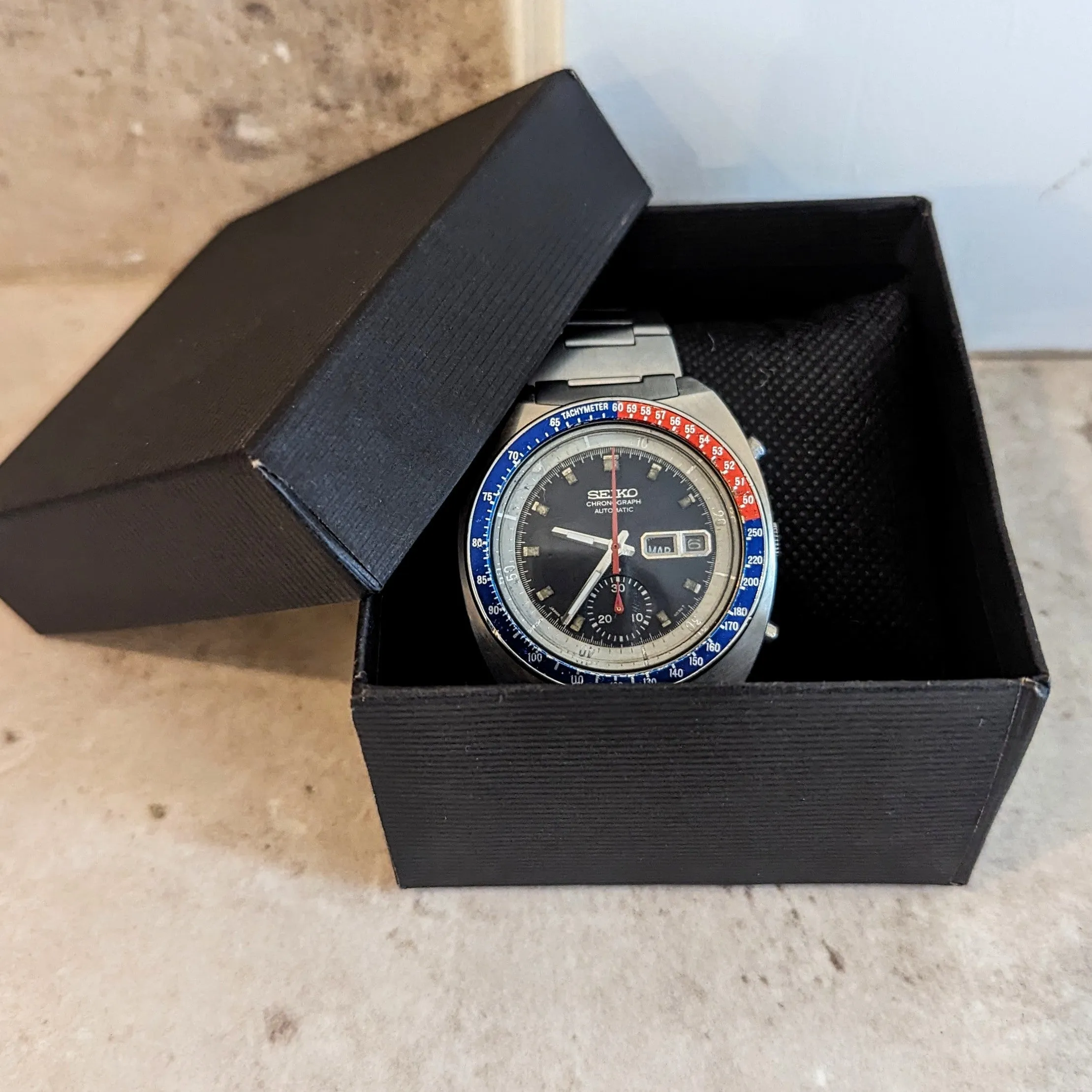 1975 SEIKO Pogue Chronograph Automatic Watch Ref. 6139-6002 Black Dial Vintage Wristwatch