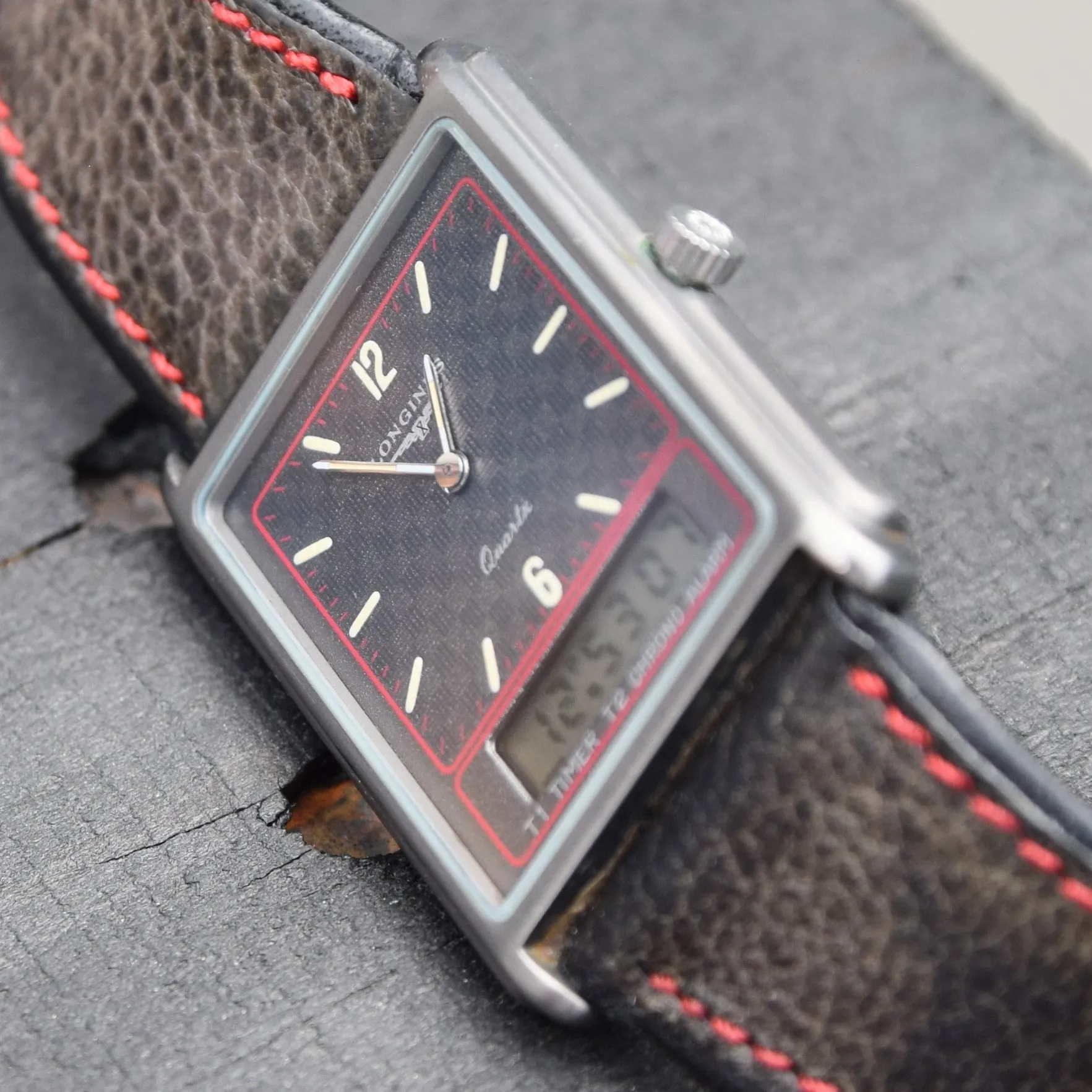 1980s Longines Split 5 Quartz Dual Display Alarm Watch Model 192-4948 with Box and Papers
