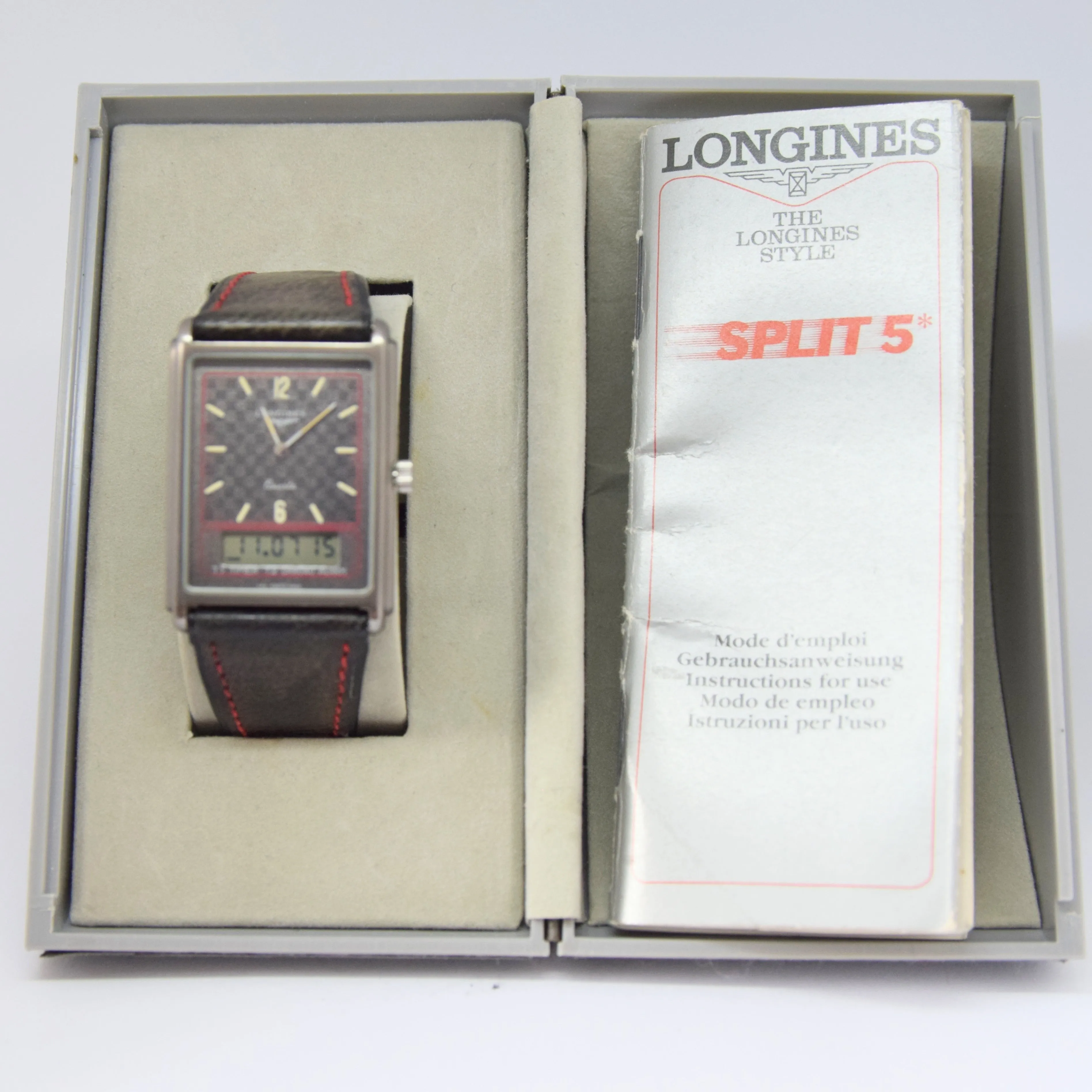 1980s Longines Split 5 Quartz Dual Display Alarm Watch Model 192-4948 with Box and Papers