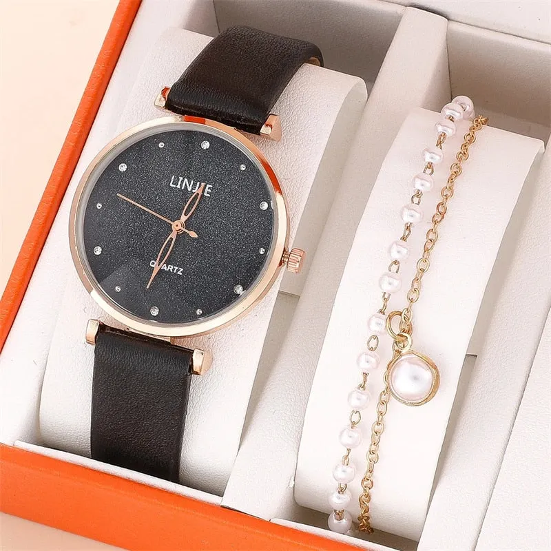 2pcs Set Ladies Watch Fashion Starry Dial Bracelet Women