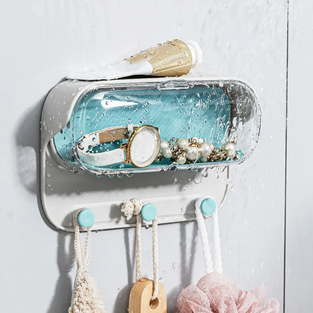 Bathroom Wall Holder Punch-Free Wall-Mounted Storage Box | Practical Washroom Glasses Organizer | Waterproof Key & Accessory Holder with Transparent Lid | Durable HIPS, PET, Silicone & TPR Materials