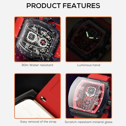 BORUSE Chronograph Watch for Men Red Square Waterproof Quartz Watches Fashion Sport Silicone Strap Luminous Calendar Analog Wristwatch