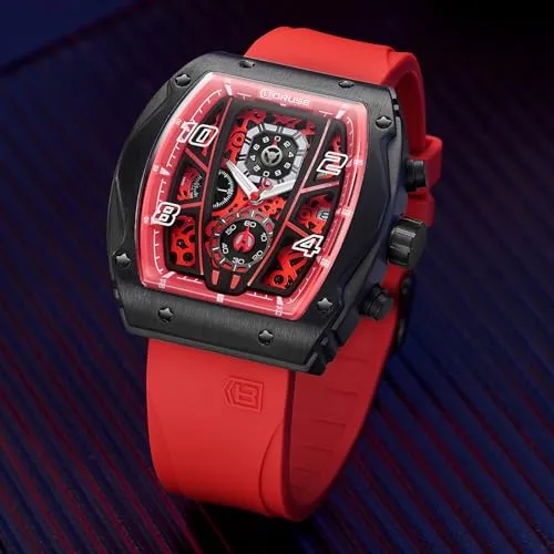 BORUSE Chronograph Watch for Men Red Square Waterproof Quartz Watches Fashion Sport Silicone Strap Luminous Calendar Analog Wristwatch