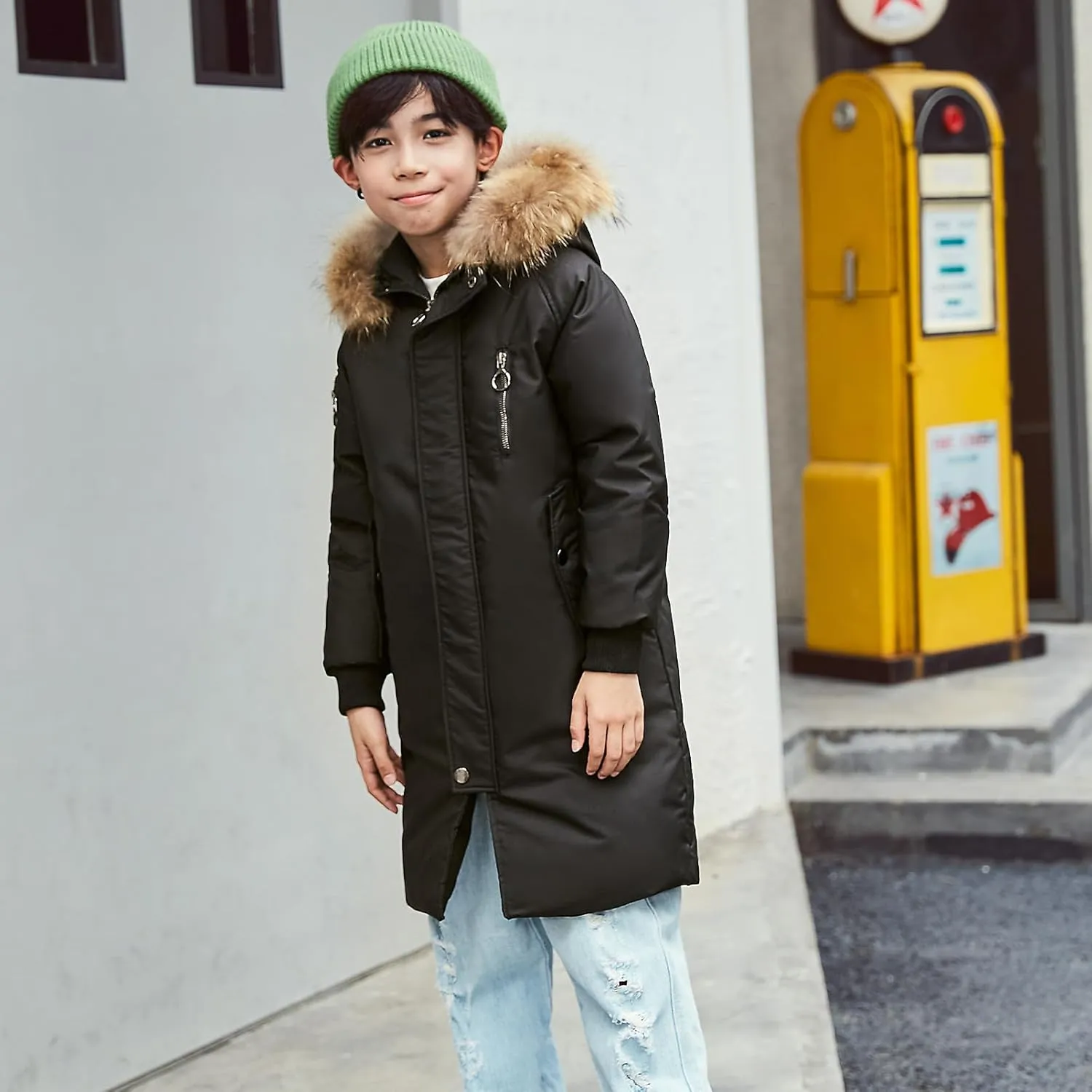 Boys' Mid Length Down Jacket Kids Thermal Winter Hooded Parka Coat Age 3-14 Years