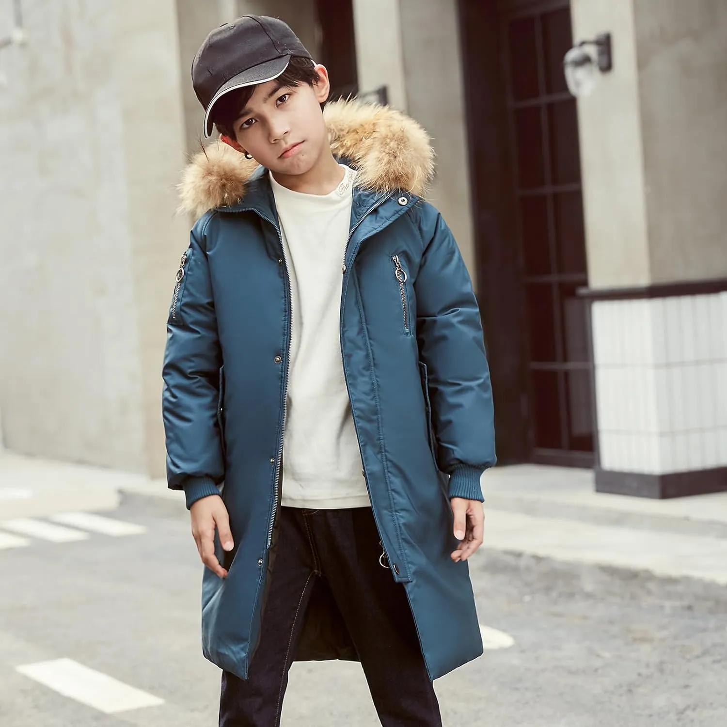 Boys' Mid Length Down Jacket Kids Thermal Winter Hooded Parka Coat Age 3-14 Years