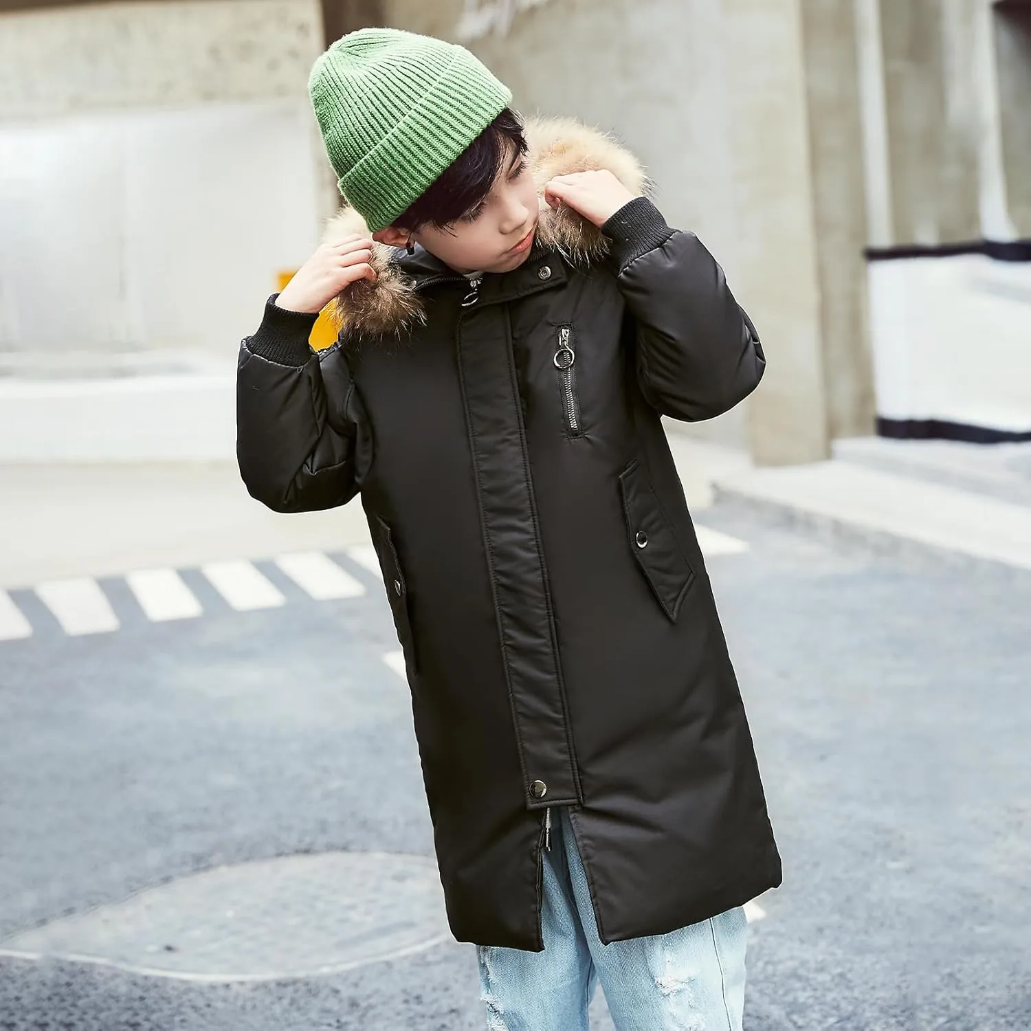 Boys' Mid Length Down Jacket Kids Thermal Winter Hooded Parka Coat Age 3-14 Years