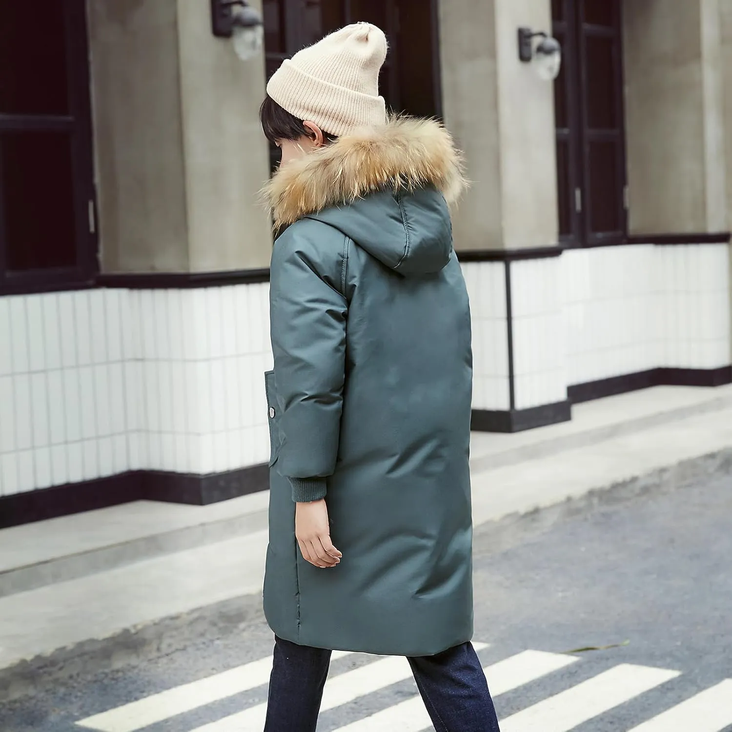 Boys' Mid Length Down Jacket Kids Thermal Winter Hooded Parka Coat Age 3-14 Years