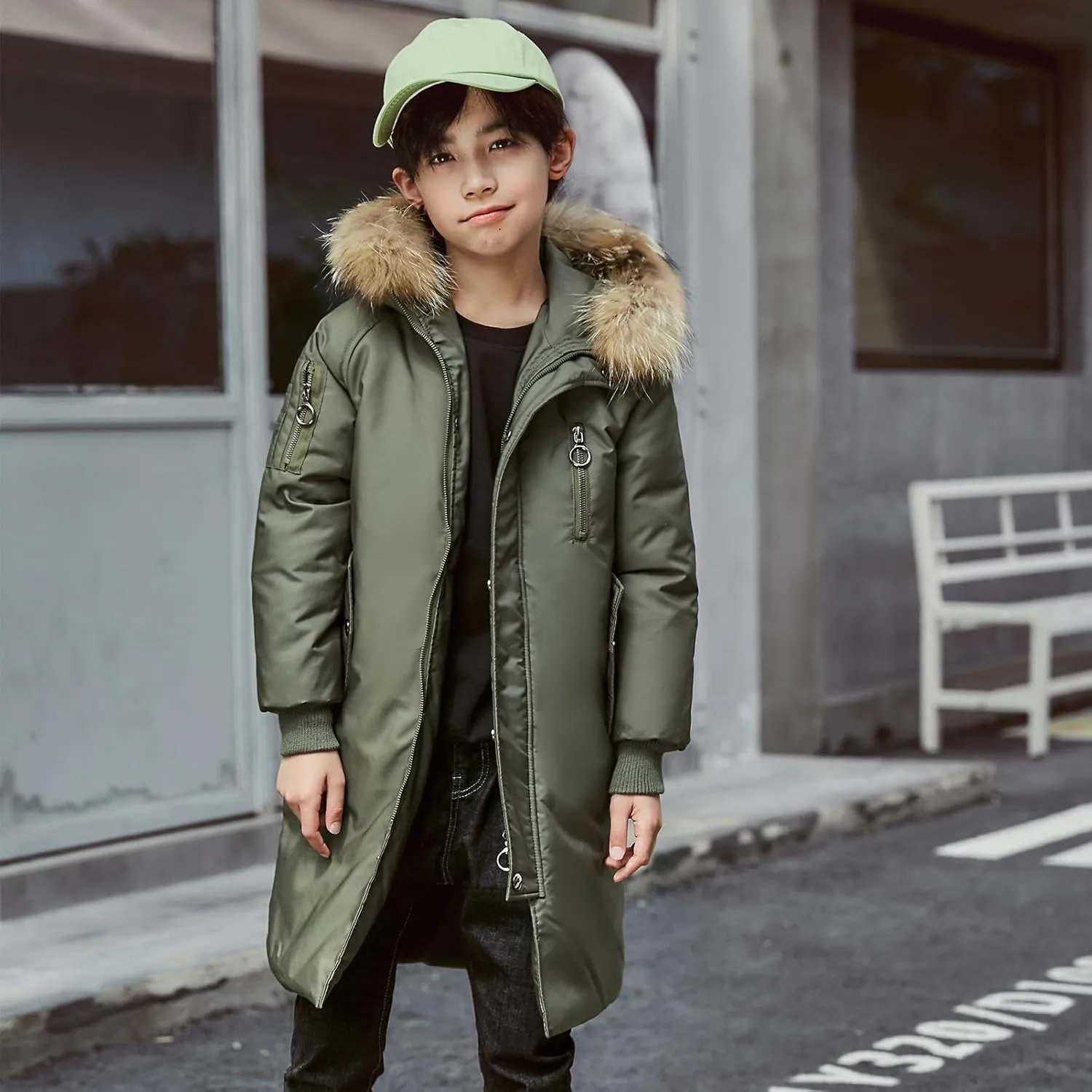 Boys' Mid Length Down Jacket Kids Thermal Winter Hooded Parka Coat Age 3-14 Years
