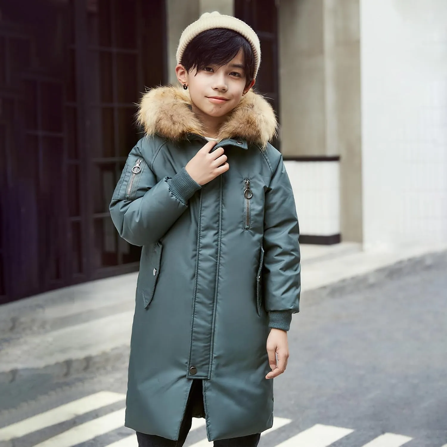 Boys' Mid Length Down Jacket Kids Thermal Winter Hooded Parka Coat Age 3-14 Years