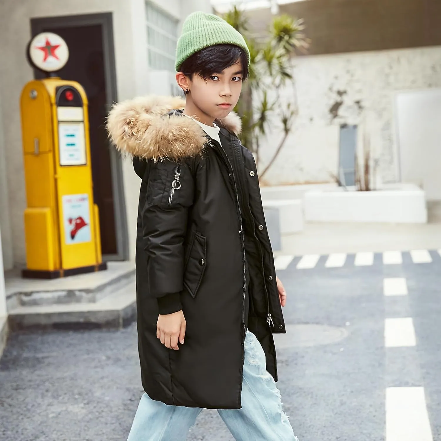 Boys' Mid Length Down Jacket Kids Thermal Winter Hooded Parka Coat Age 3-14 Years