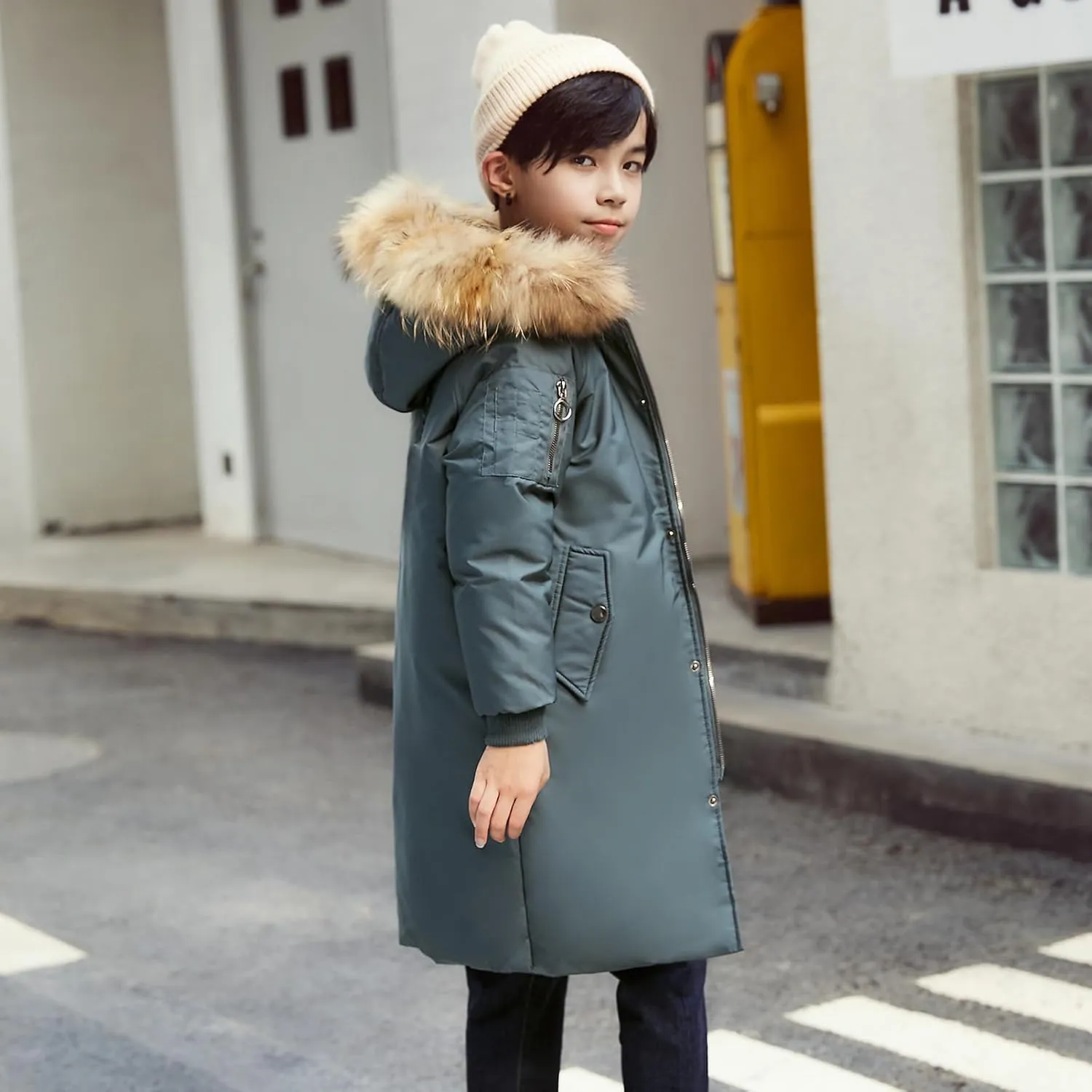 Boys' Mid Length Down Jacket Kids Thermal Winter Hooded Parka Coat Age 3-14 Years