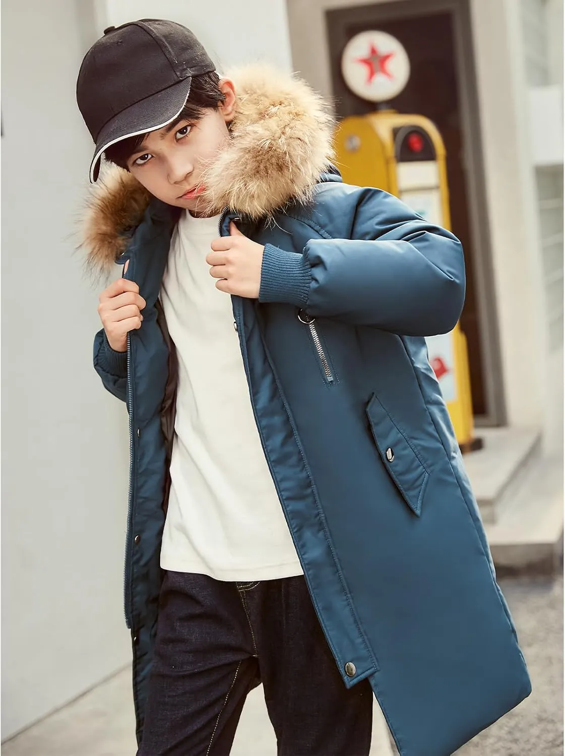 Boys' Mid Length Down Jacket Kids Thermal Winter Hooded Parka Coat Age 3-14 Years