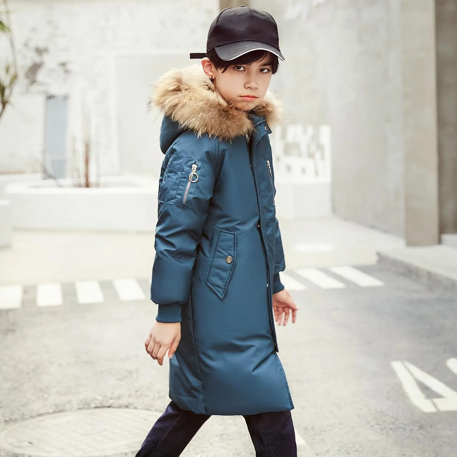 Boys' Mid Length Down Jacket Kids Thermal Winter Hooded Parka Coat Age 3-14 Years