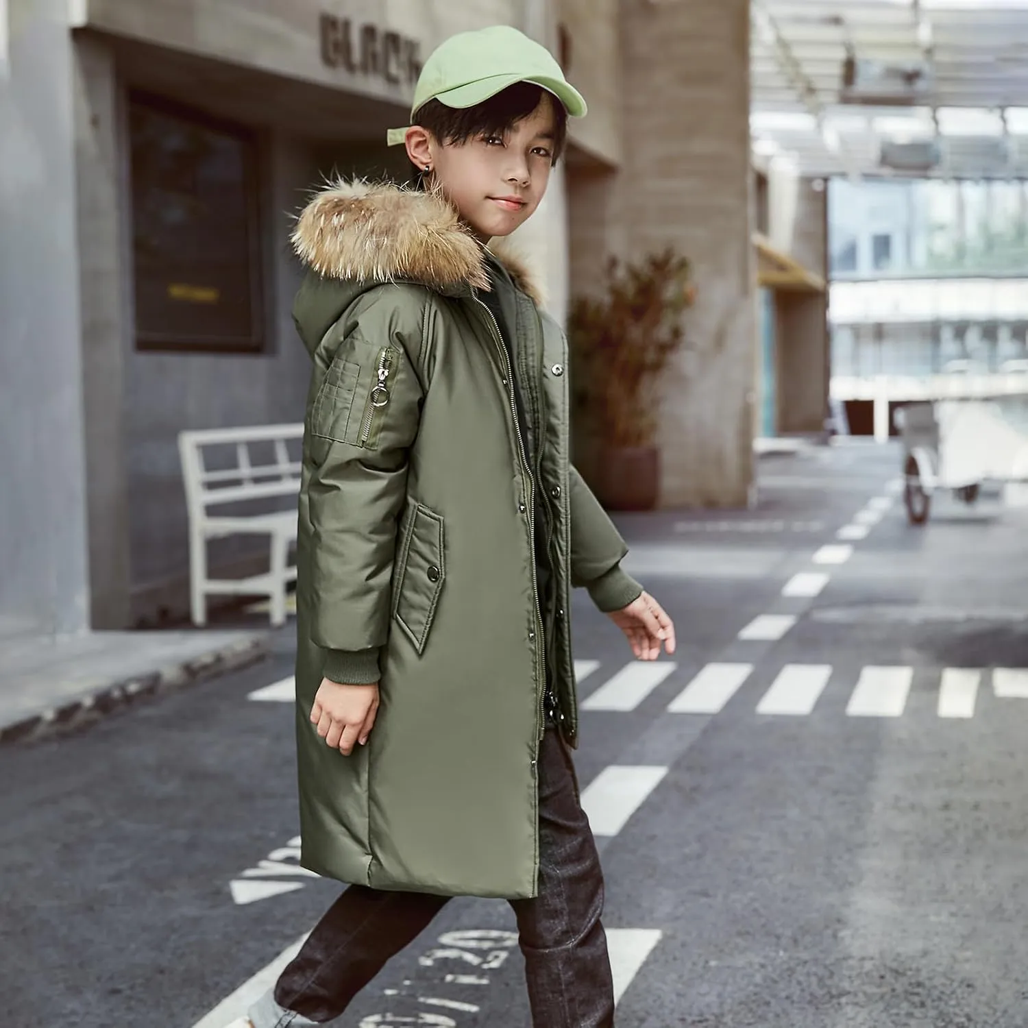 Boys' Mid Length Down Jacket Kids Thermal Winter Hooded Parka Coat Age 3-14 Years