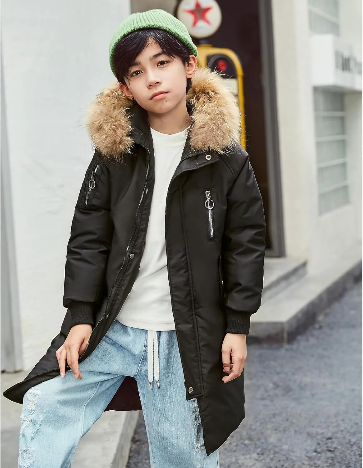 Boys' Mid Length Down Jacket Kids Thermal Winter Hooded Parka Coat Age 3-14 Years