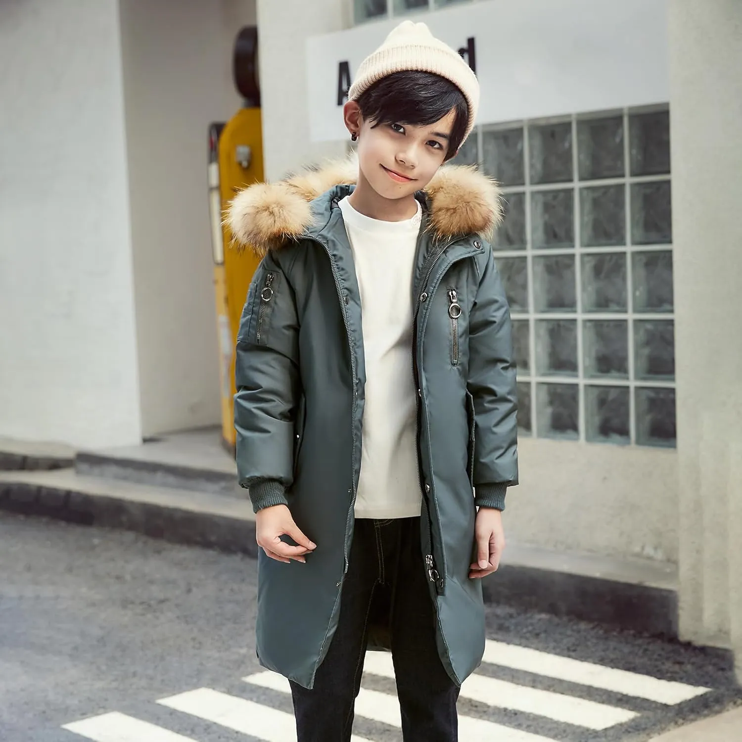 Boys' Mid Length Down Jacket Kids Thermal Winter Hooded Parka Coat Age 3-14 Years