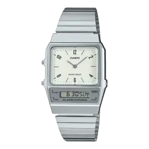 Casio Watch Vintage White Grey Dual Time Steel Flat Link AQ-800E-7A2DF