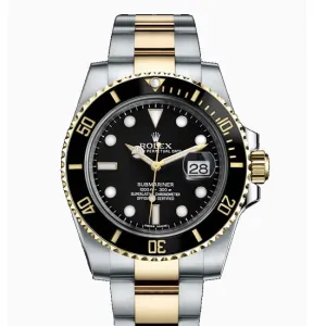 Certified Pre-Owned Rolex Two-Tone Steel & 18K Yellow Gold Oyster Perpetual Submariner with 40X40 MM Black Round Dial. With Aluminum Bezel