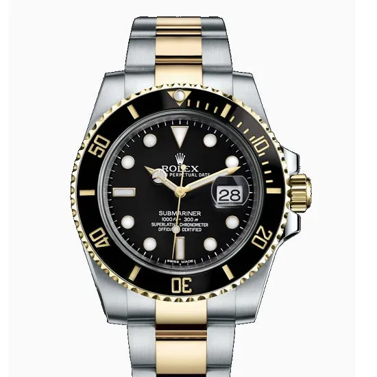Certified Pre-Owned Rolex Two-Tone Steel & 18K Yellow Gold Oyster Perpetual Submariner with 40X40 MM Black Round Dial. With Aluminum Bezel