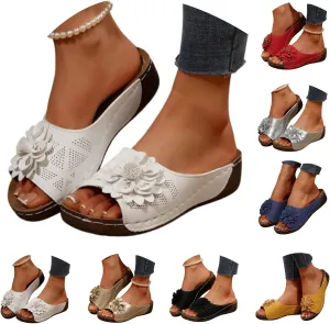 Dress Sandals for Women 2025 Comfortable Flower Sandals for Women Orthopedic Summer Beach Platform Leather Wedge Arch Support