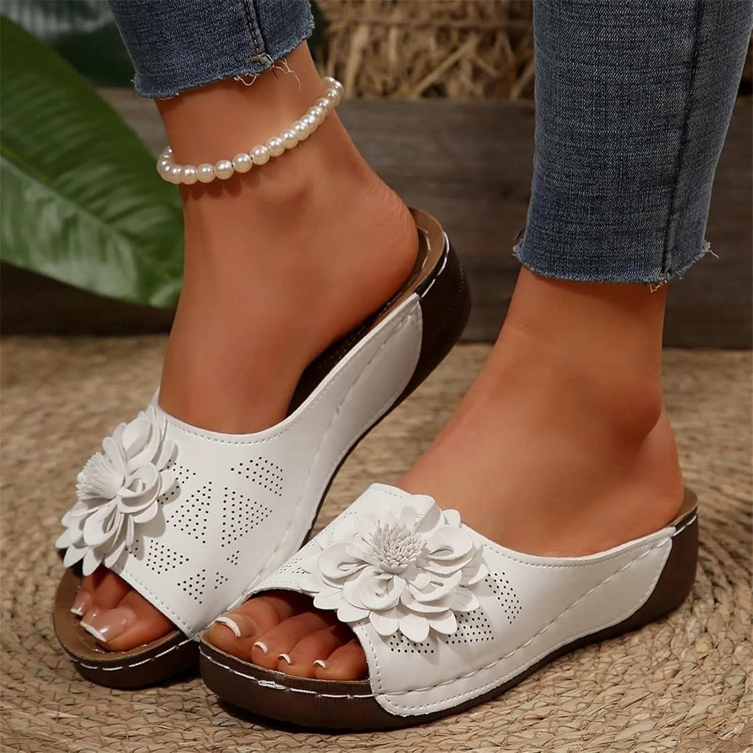 Dress Sandals for Women 2025 Comfortable Flower Sandals for Women Orthopedic Summer Beach Platform Leather Wedge Arch Support