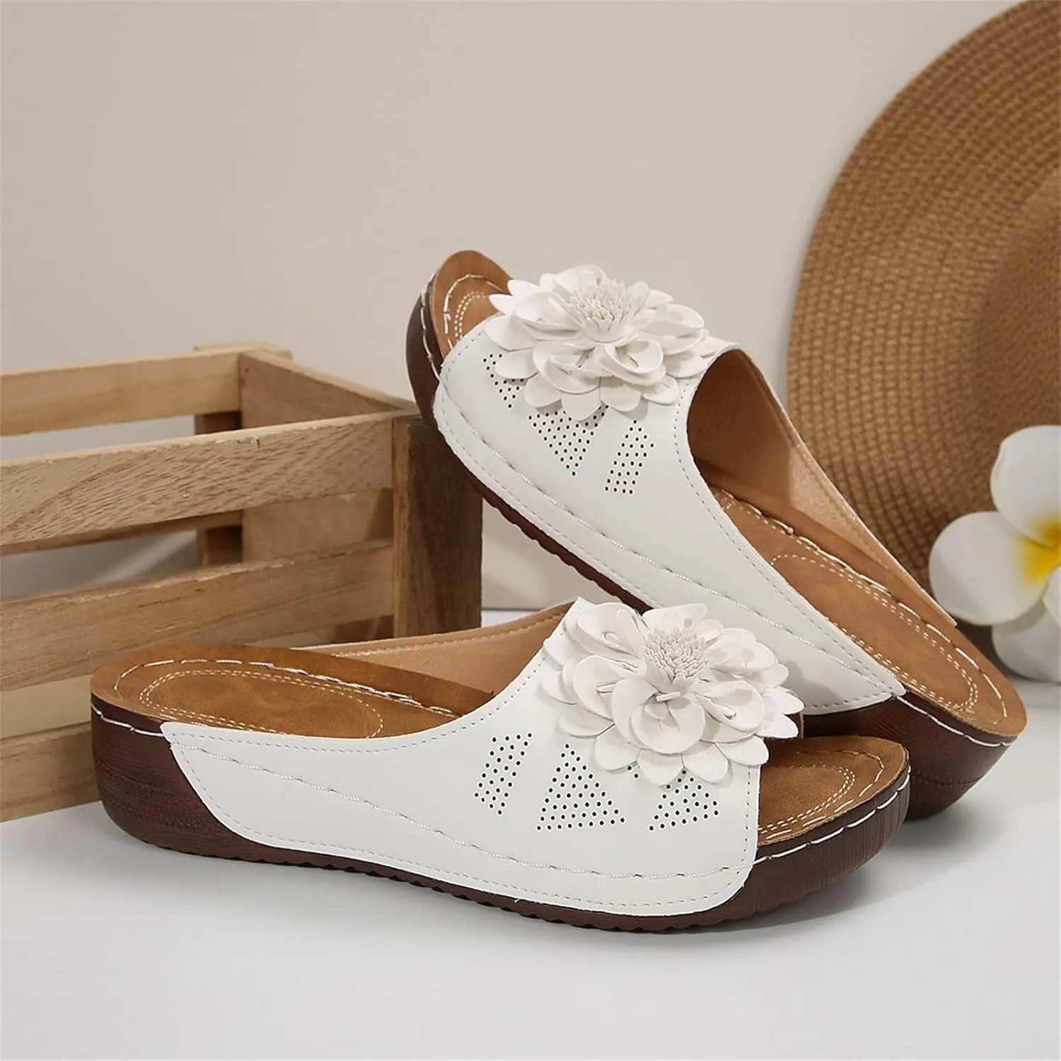 Dress Sandals for Women 2025 Comfortable Flower Sandals for Women Orthopedic Summer Beach Platform Leather Wedge Arch Support
