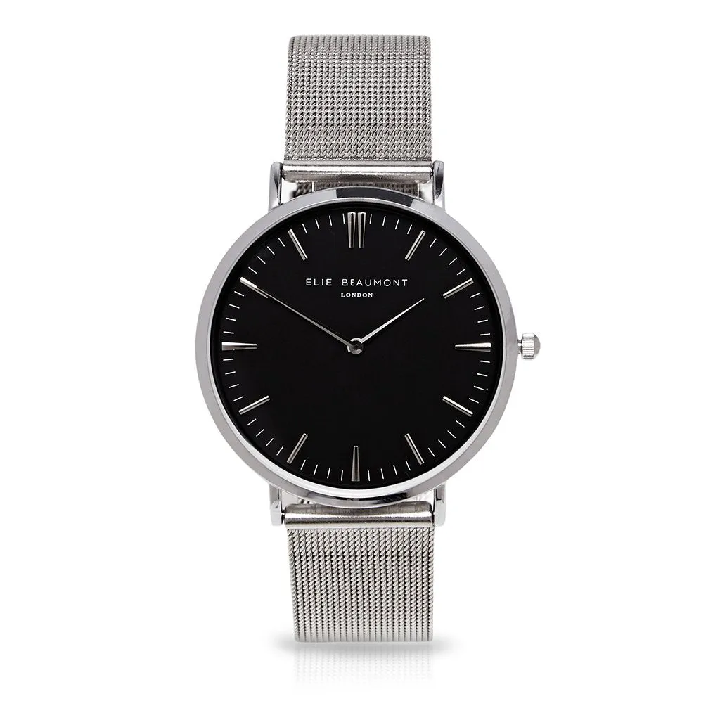 Elie Beaumont Oxford Large Silver Mesh Black Dial