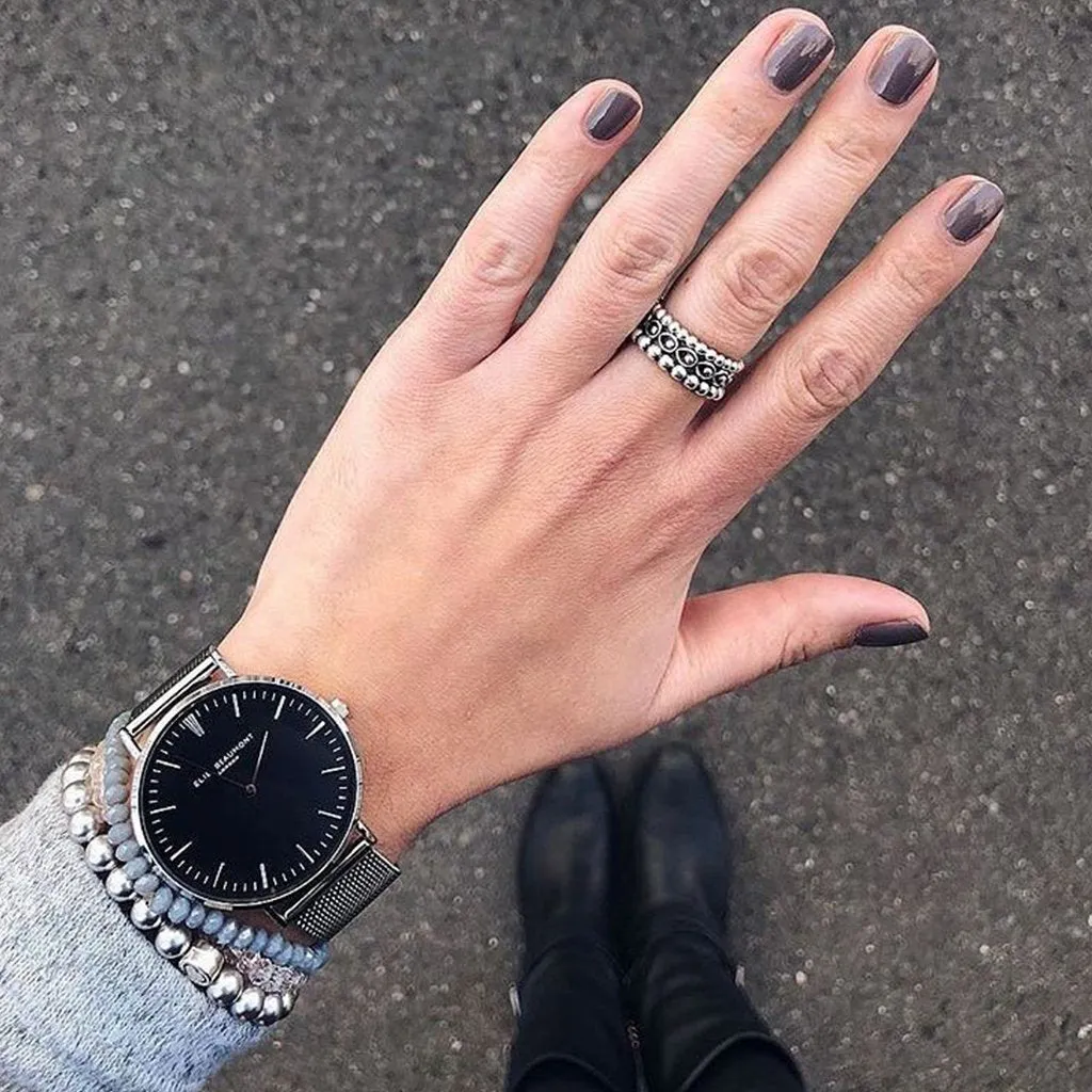 Elie Beaumont Oxford Large Silver Mesh Black Dial
