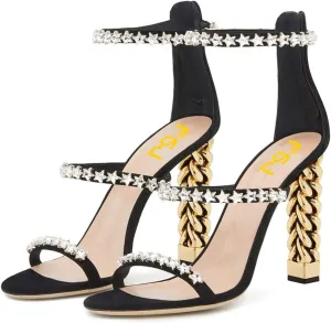 FSJ Women Flower Gold Metal Chain Chunky High Heels Ankle Strap Sandals Open Toe Fashion Summer Dressy Shoes Size 4-15 US