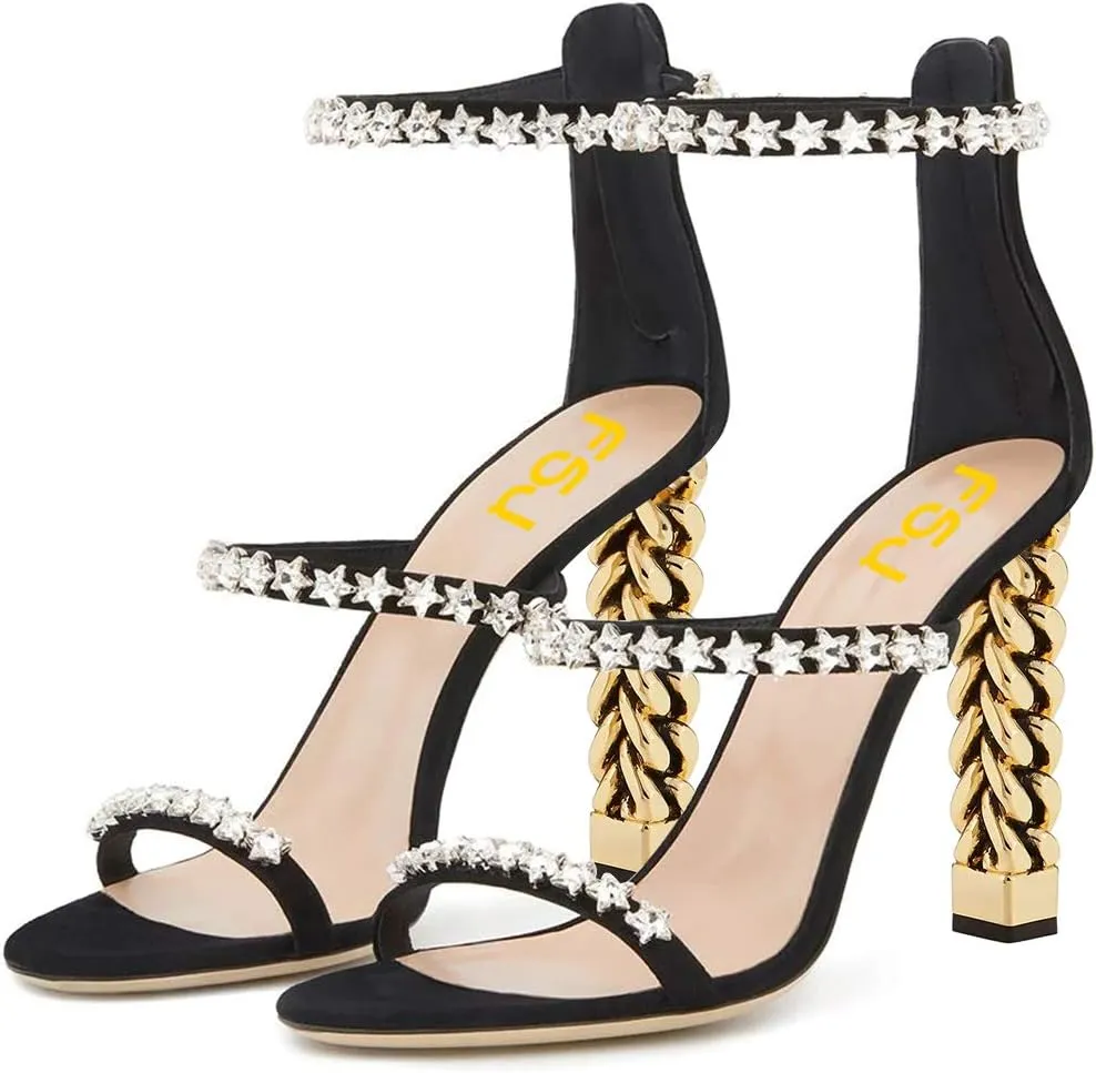 FSJ Women Flower Gold Metal Chain Chunky High Heels Ankle Strap Sandals Open Toe Fashion Summer Dressy Shoes Size 4-15 US