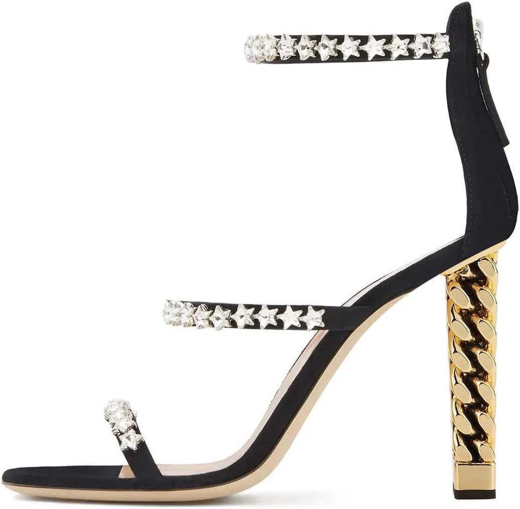 FSJ Women Flower Gold Metal Chain Chunky High Heels Ankle Strap Sandals Open Toe Fashion Summer Dressy Shoes Size 4-15 US
