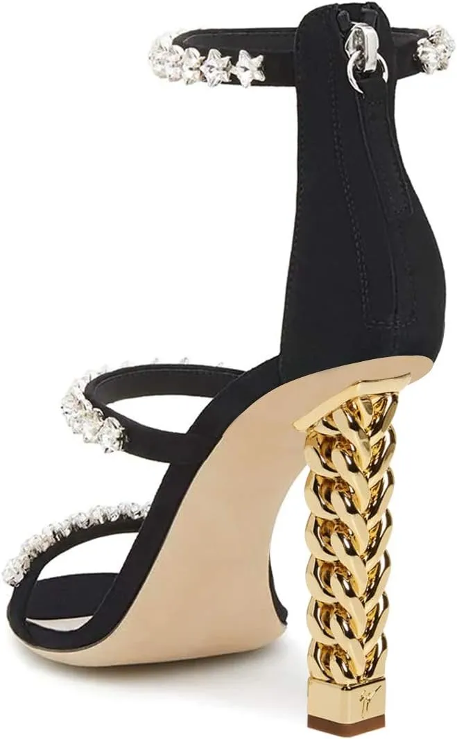 FSJ Women Flower Gold Metal Chain Chunky High Heels Ankle Strap Sandals Open Toe Fashion Summer Dressy Shoes Size 4-15 US