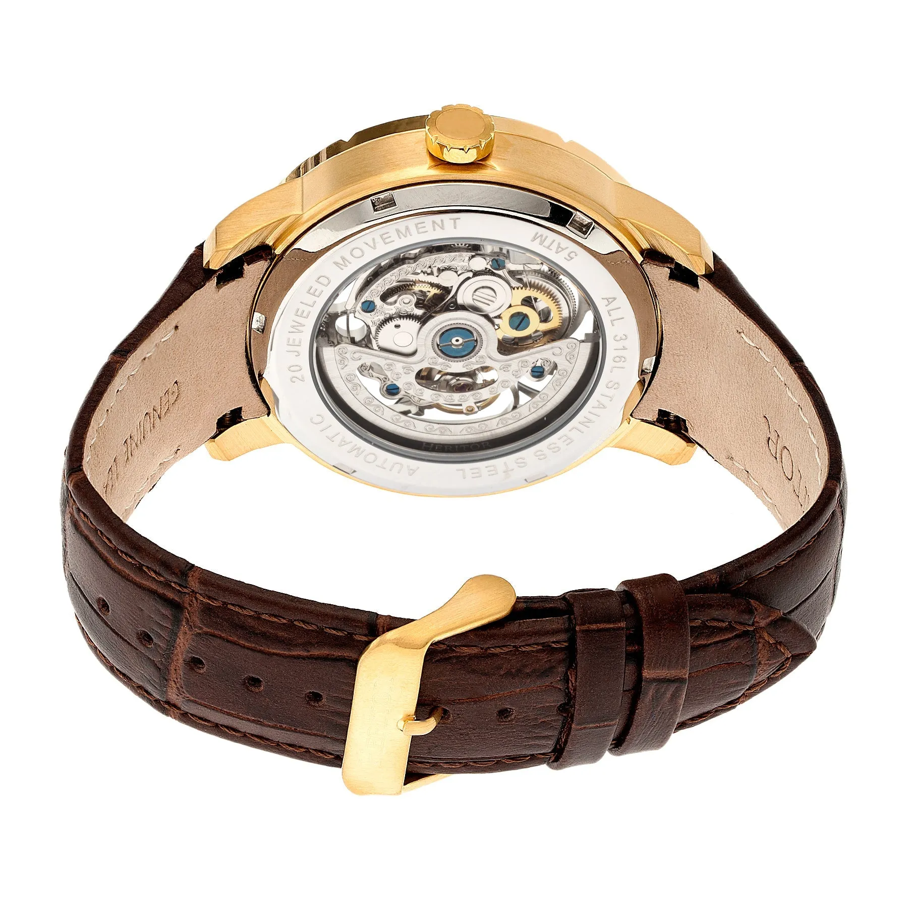 Heritor Automatic Ryder Skeleton Leather-Band Watch - Brown/Gold