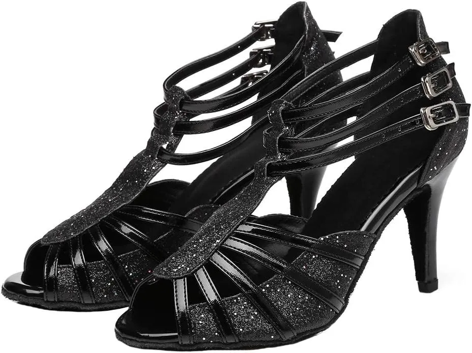 HIPPOSEUS Women Open Toe Latin Dance Shoes T Strap Salsa Bachata Ballroom Performance Dance Shoe,Model L313