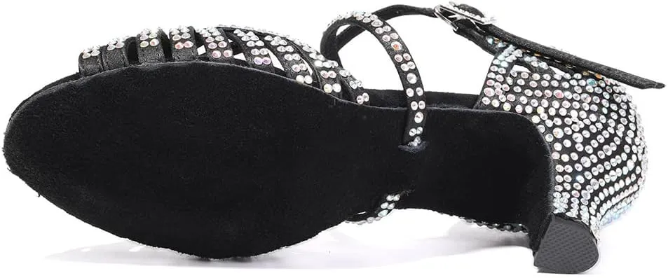 HIPPOSEUS Women Rhinestone Ballroom Dance Shoes Open Toe Latin Salsa Performance Dance Shoes